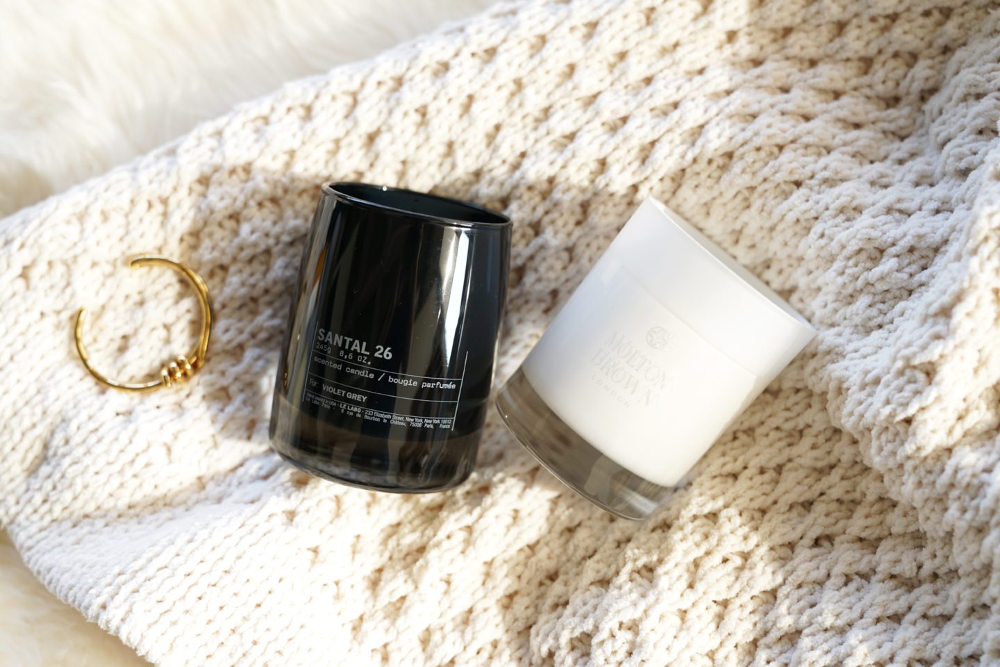 Le Labo Violet Grey Santal and Molton Brown Coco Sandalwood Candles