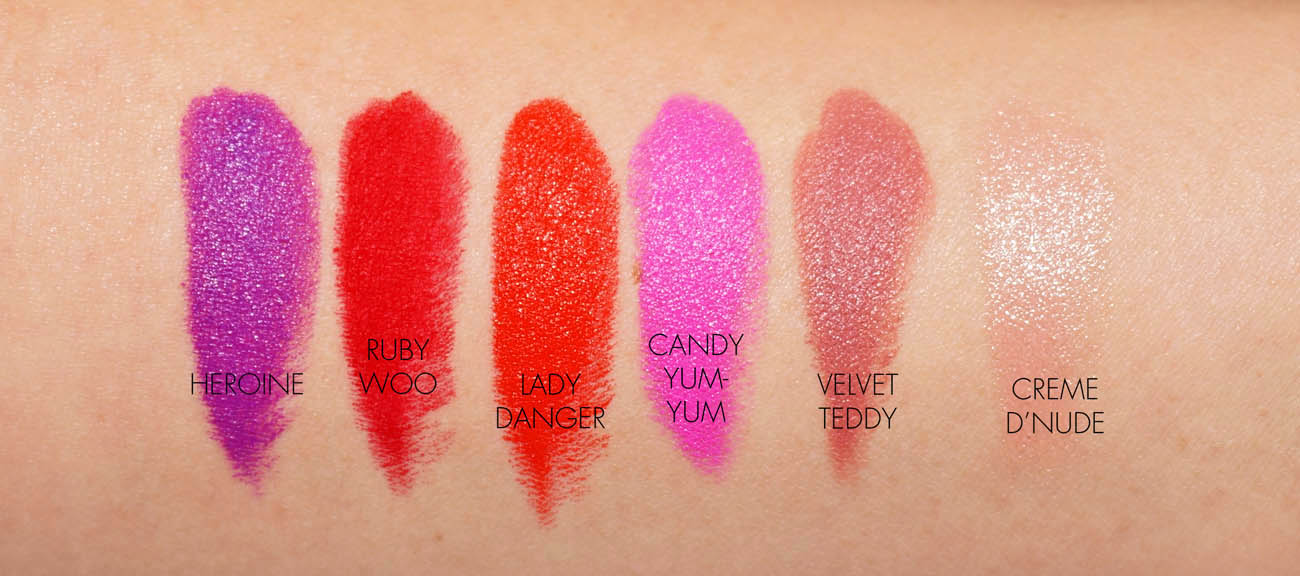 MAC Shadescents Lipstick Heroine, Ruby Woo, Lady Danger, Candy Yum-Yum, Velvet Teddy and Creme d Nude swatches