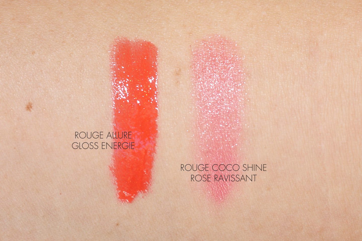 Chanel Rouge Allure Gloss Energie and Rouge Coco Shine Rose Ravissant Swatch | Fashion Groom Spot