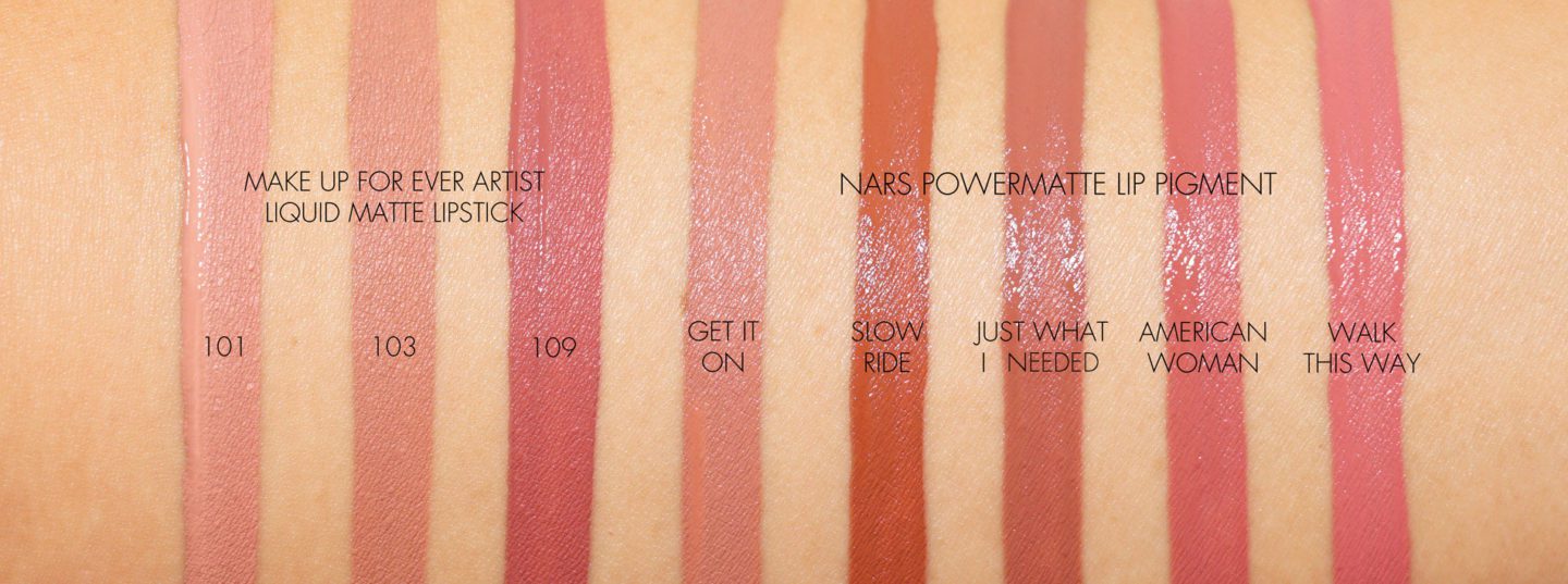 Make Up For Ever Artist Liquid Matte Lipstick and NARS Powermatte Lip Pigment swatches | Fashion Groom Spot