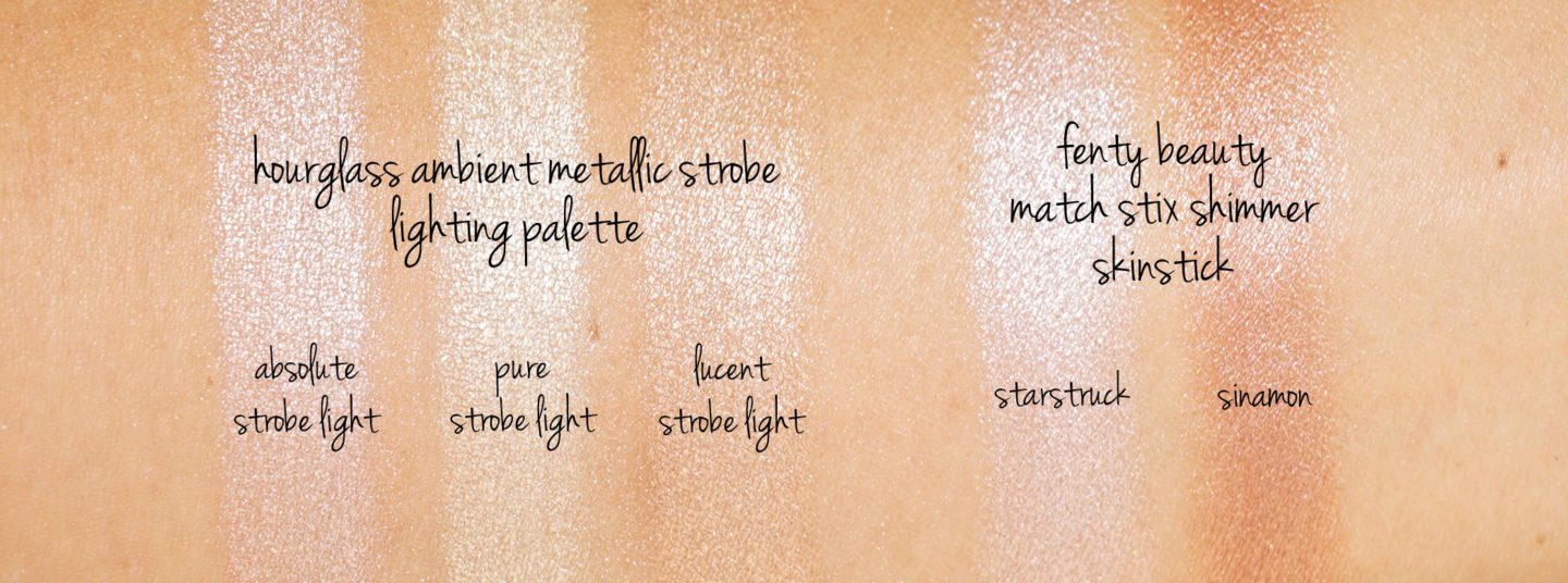 Hourglass Metallic Strobe Light Swatches and Fenty Beauty Starstruck + Sinamon swatches