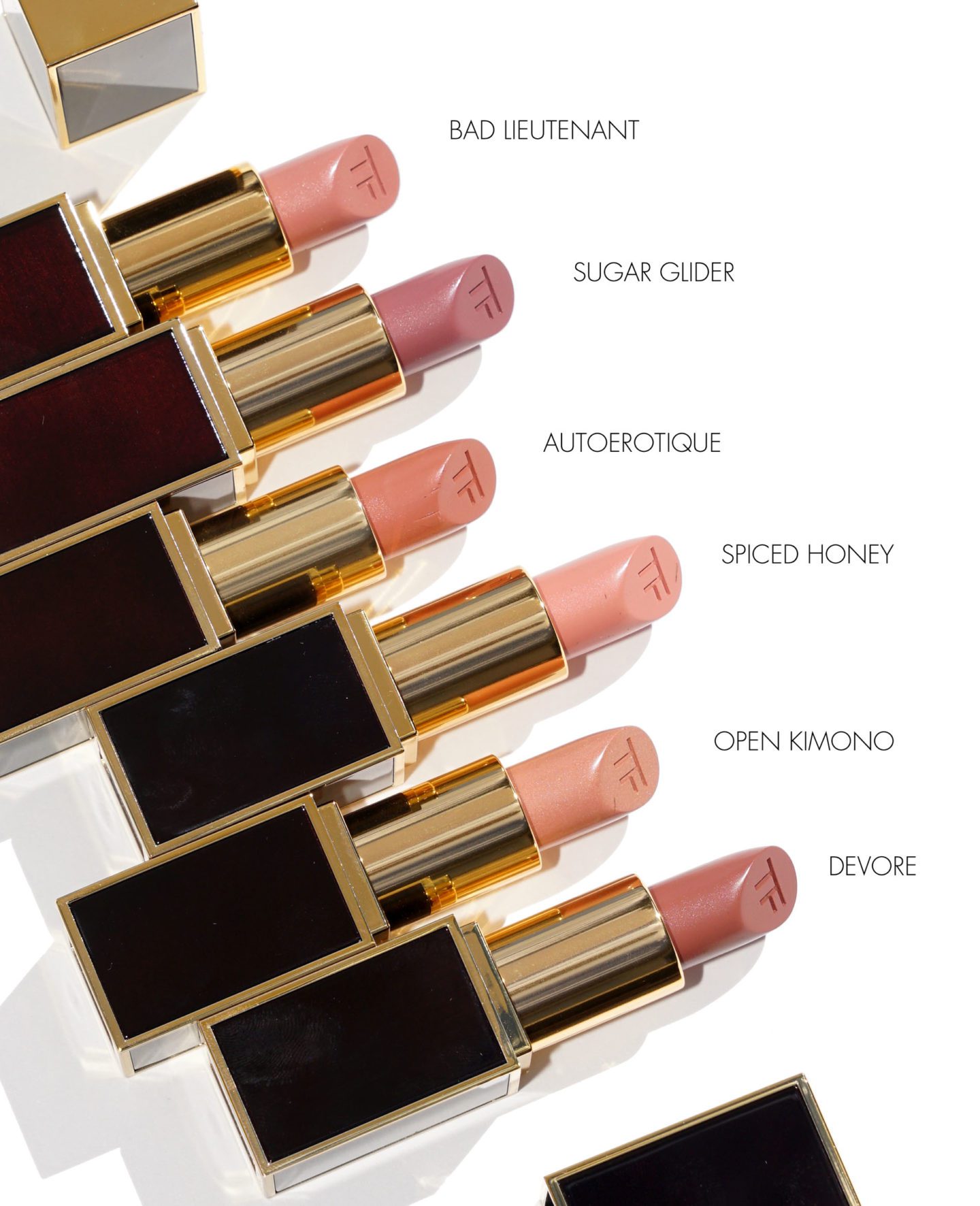 Tom Ford Lipstick Bad Lieutenant, Sugar Glider, Autoerotique, Spiced Honey, Open Kimono, Devore | Fashion Groom Spot