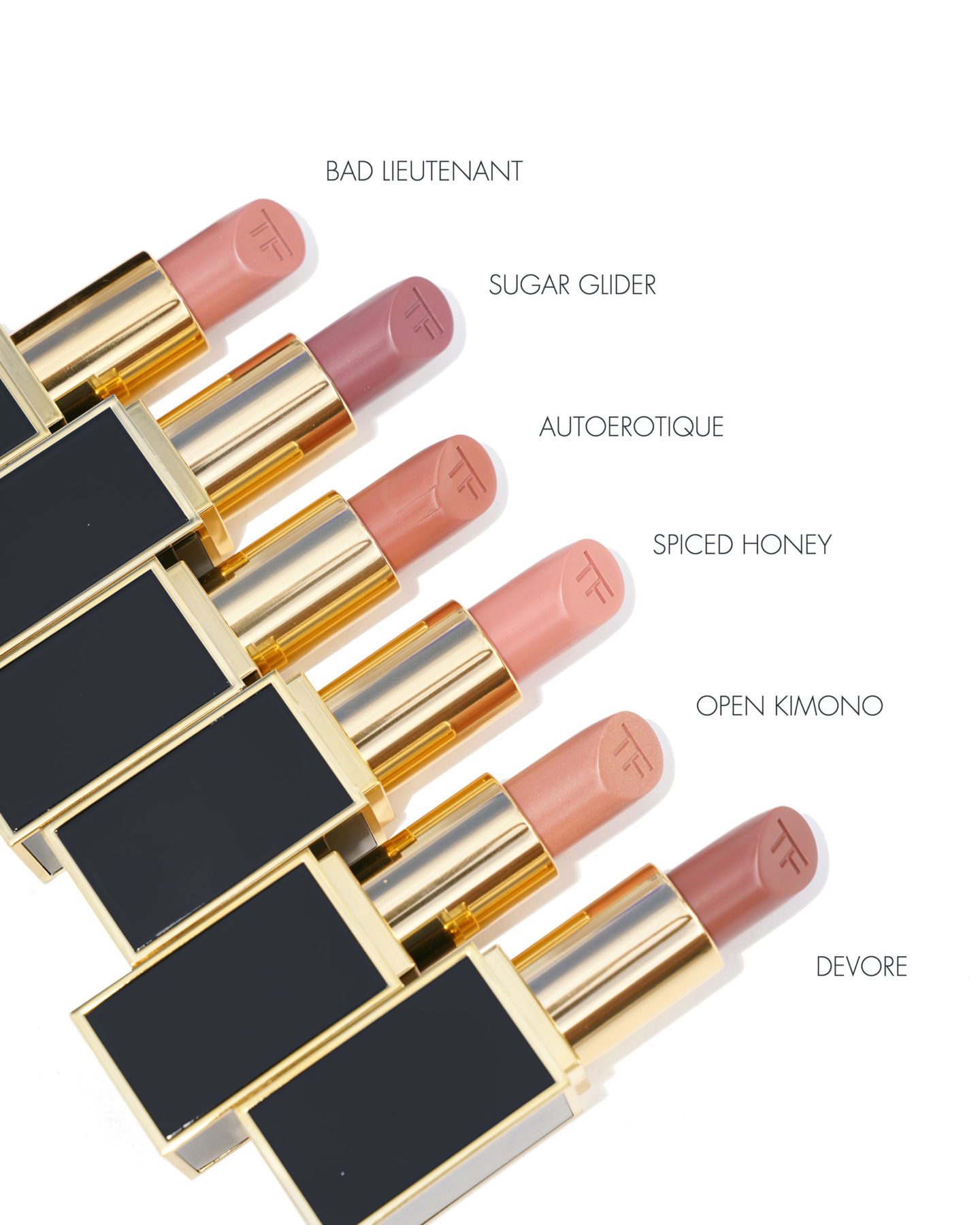 Tom Ford Lipstick Bad Lieutenant, Sugar Glider, Autoerotique, Spiced Honey, Open Kimono, Devore | Fashion Groom Spot