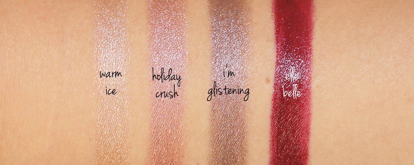 MAC Warm Ice, Holiday Crush, I'm Glistening, Elle Belle Lipstick swatches
