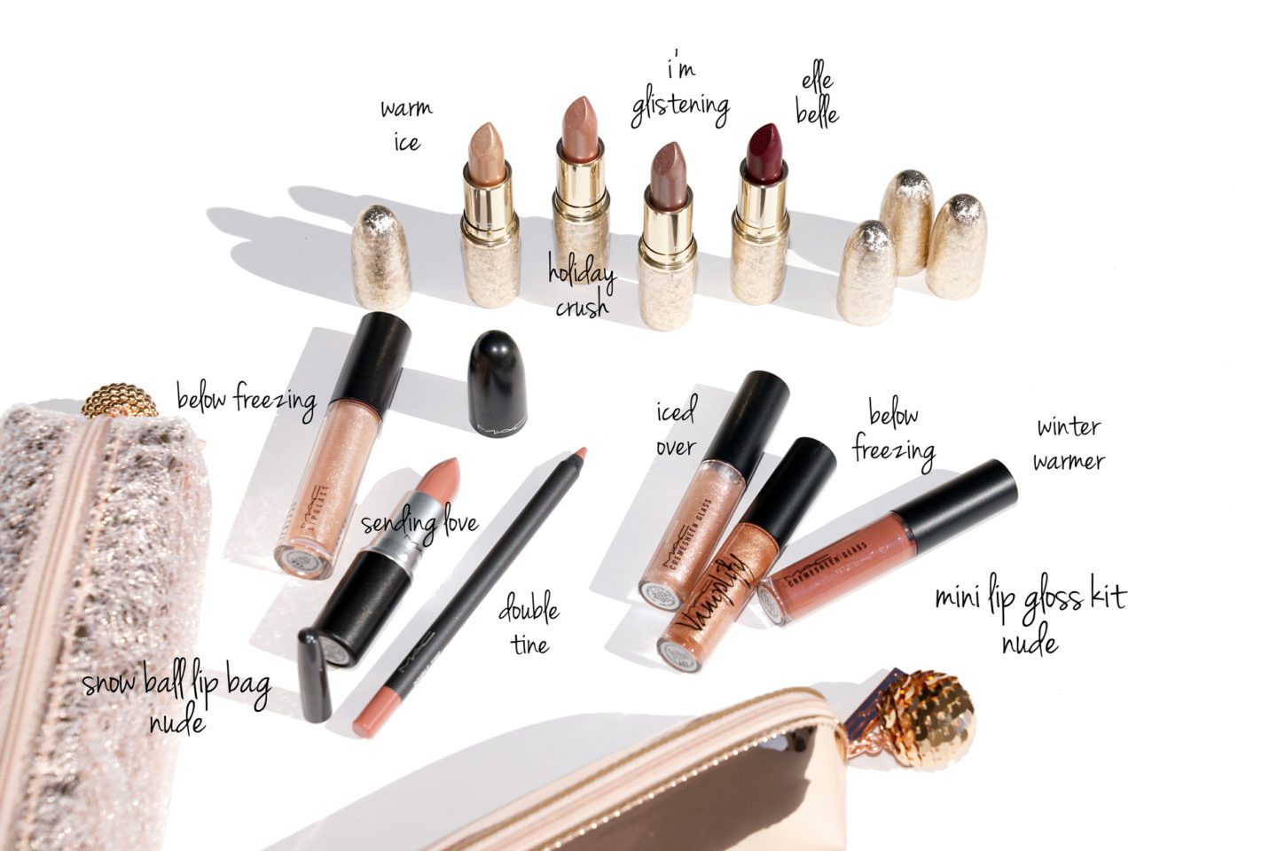 MAC Snow Ball Nude Lip Bag, Mini Nude Glosses and Lipsticks