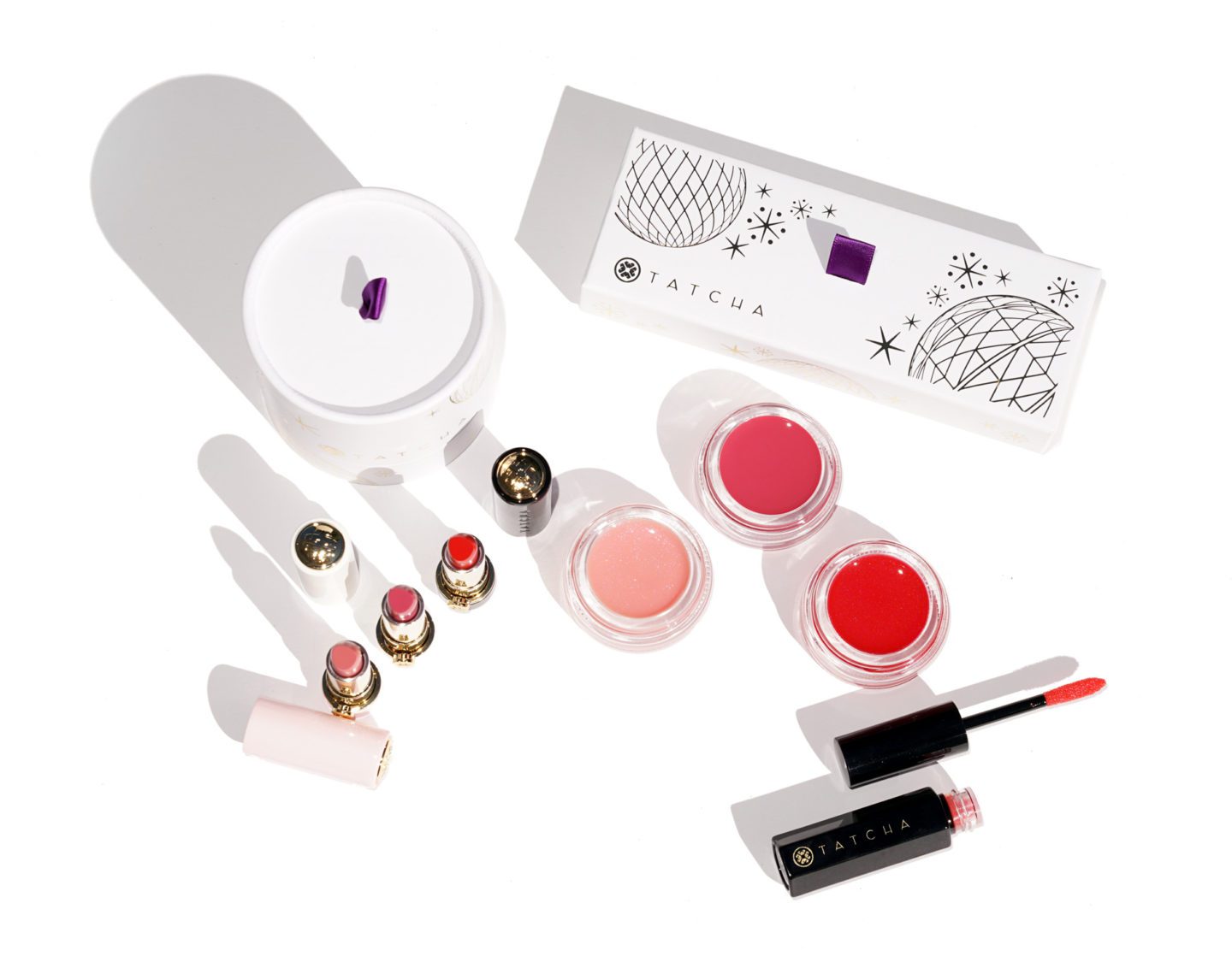 Tatcha Blossoming Joy Lipstick Miniatures, Camellia Kisses Lip Balm Trio, Kyoto Red Tinted Lip Oil