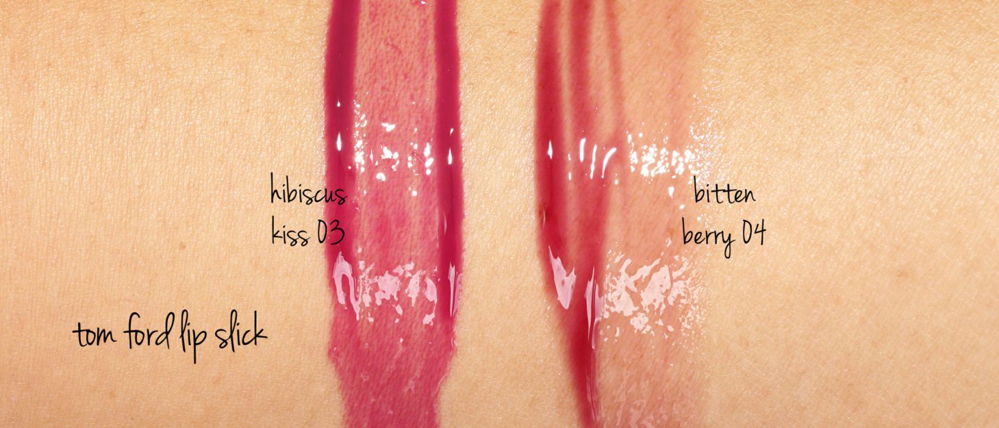 Tom Ford Lip Slicks swatches Hibiscus Kiss and Bitten Berry