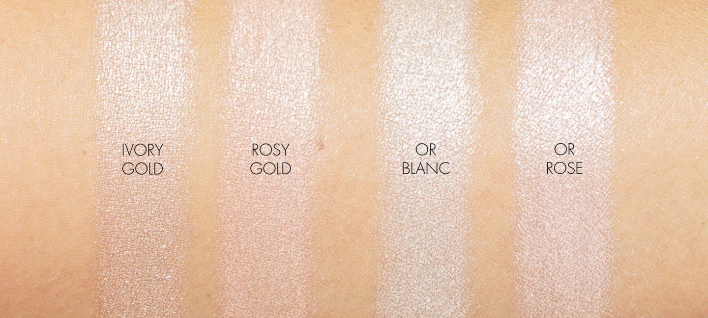 Chanel Highlighters Poudre Lumiere in Ivory Gold and Rosy Gold, Le Signe du Lion in Or Blanc and Or Rose swatches | Fashion Groom Spot