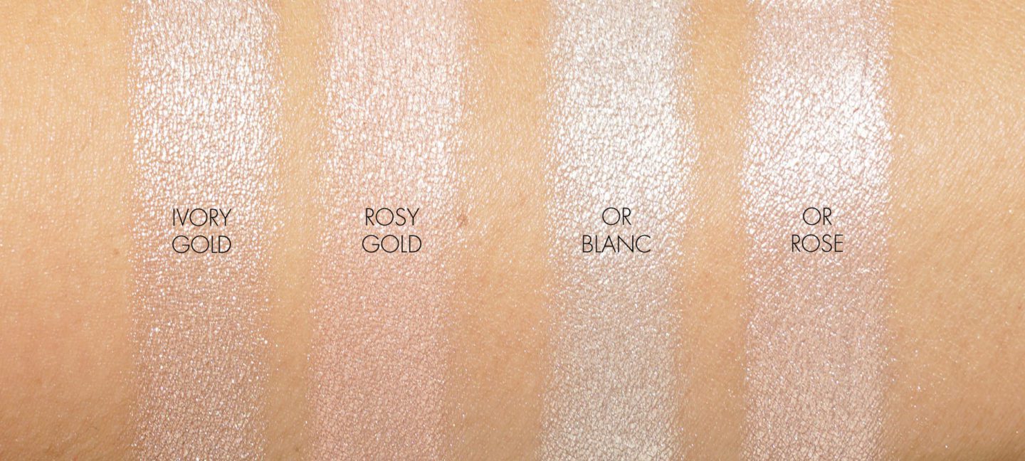 Chanel Highlighters Poudre Lumiere in Ivory Gold and Rosy Gold, Le Signe du Lion in Or Blanc and Or Rose swatches | Fashion Groom Spot