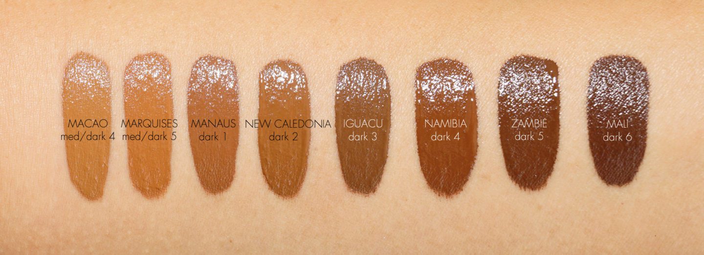 NARS Natural Radiant Longwear Foundation Swatches Macao, Marquises, Manaus, New Caldonia, Iguacu, Namibia, Zambie, Mali