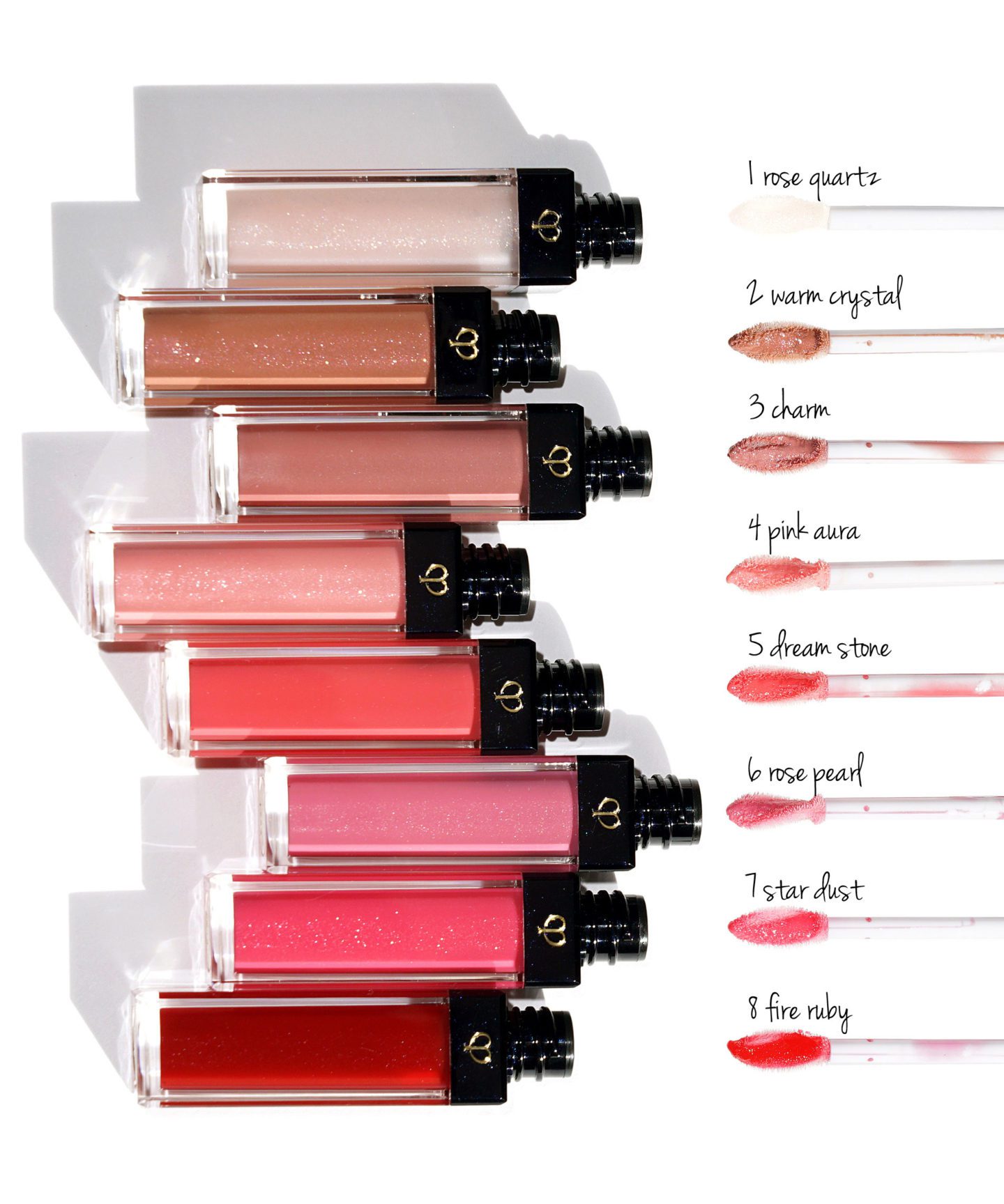 Cle de Peau Beaute Radiant Lip Gloss via Fashion Groom Spot 1 Rose Quartz, 2 Warm Crystal, 3 Charm, 4 Pink Aura, 5 Dream Stone, 6 Rose Pearl, 7 Star Dust, 8 Fire Ruby