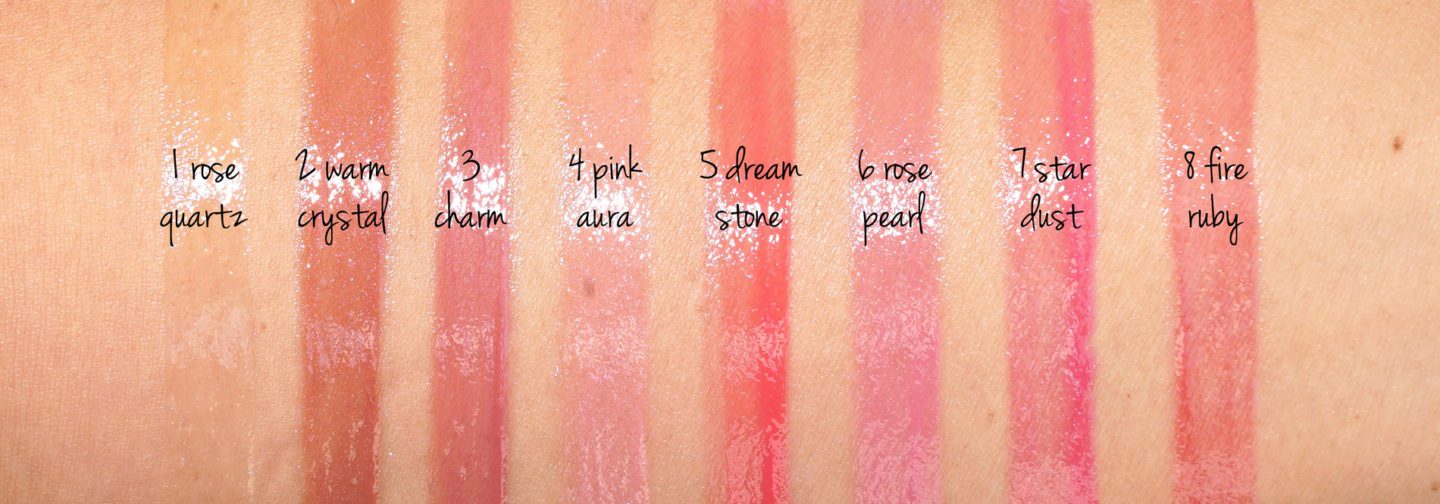 Cle de Peau Beaute Radiant Lip Gloss Swatches via Fashion Groom Spot 1 Rose Quartz, 2 Warm Crystal, 3 Charm, 4 Pink Aura, 5 Dream Stone, 6 Rose Pearl, 7 Star Dust, 8 Fire Ruby