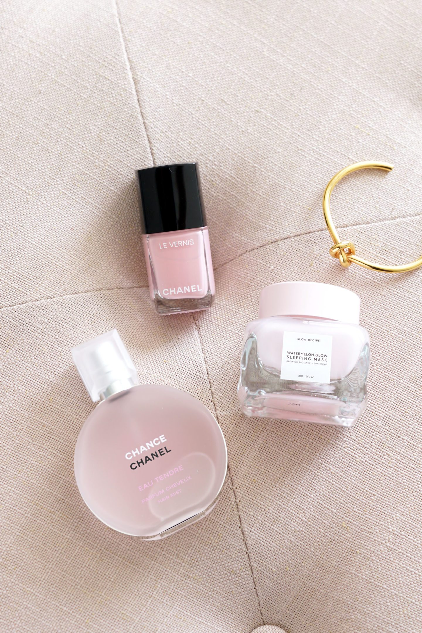 Valentine's Day Pink Chanel Nuvola Rosa Nail Polish, Chance Tendre Hair Mist, Glow Recipe Watermelon Mask Mini