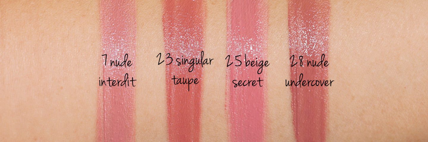 YSL Tatouage Couture Matte Stain Nudes in 7 Nude Interdit, 23 Singular Taupe, 25 Beige Secret and 26 Nude Undercover Swatches