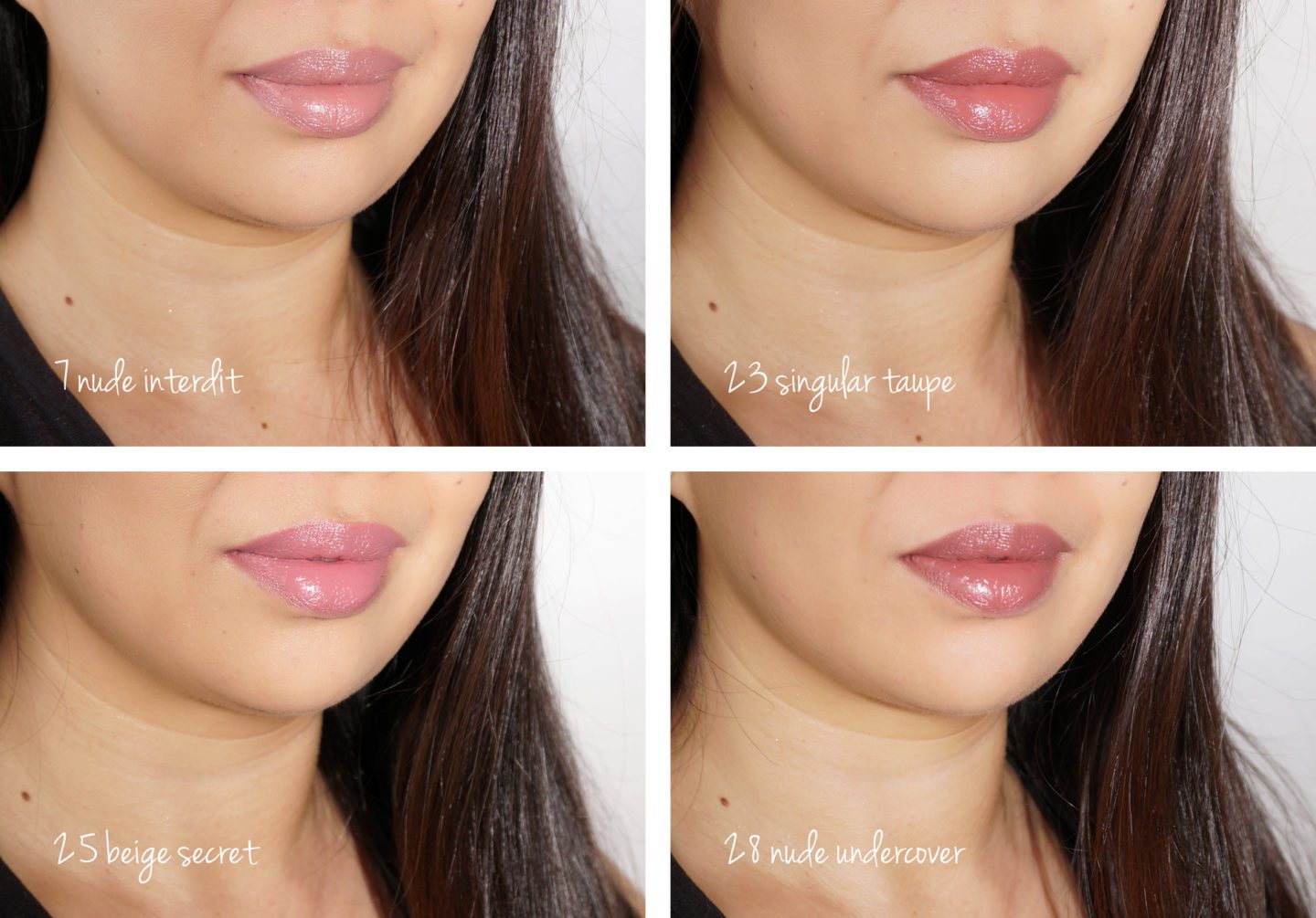 YSL Tatouage Couture Matte Stain Nudes in 7 Nude Interdit, 23 Singular Taupe, 25 Beige Secret and 26 Nude Undercover Swatches