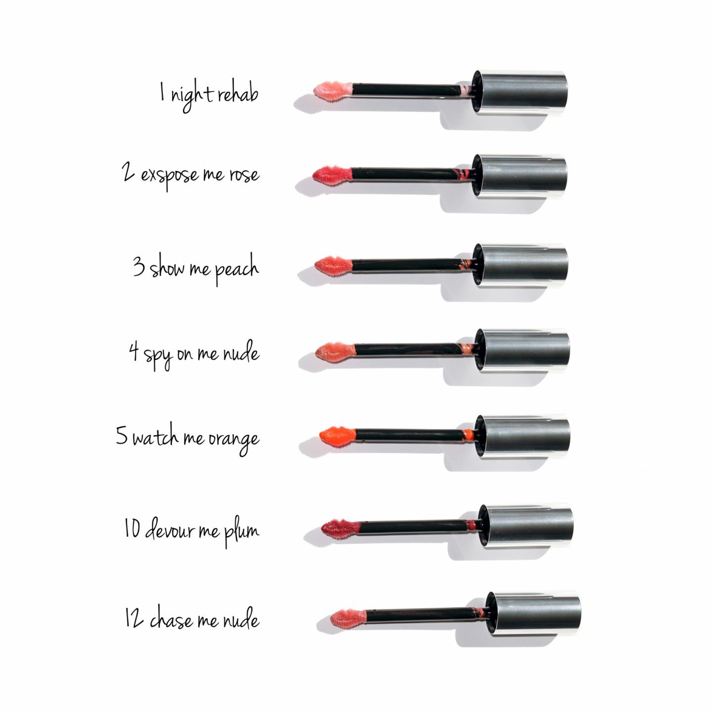 YSL Volupte Liquid Colour Balms Review and Swatches of Night Rehab 1, Expose Me Rose 2, Show Me Peach 3, Spy On Me Nude 4, Watch Me Orange 5, Devour Me Plum 10 and Chase Me Nude 12