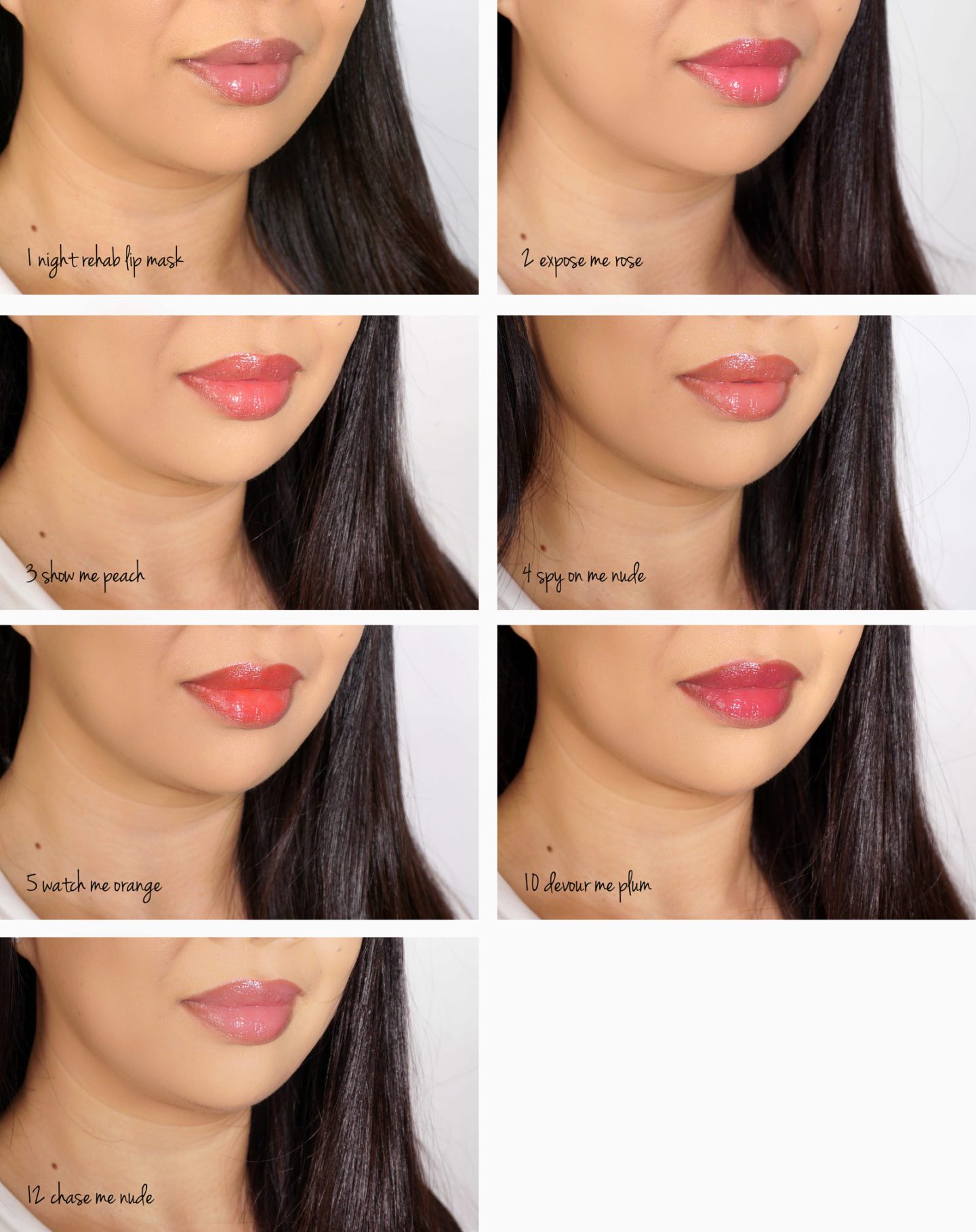 YSL Volupte Liquid Colour Balms Review and Swatches of Night Rehab 1, Expose Me Rose 2, Show Me Peach 3, Spy On Me Nude 4, Watch Me Orange 5, Devour Me Plum 10 and Chase Me Nude 12