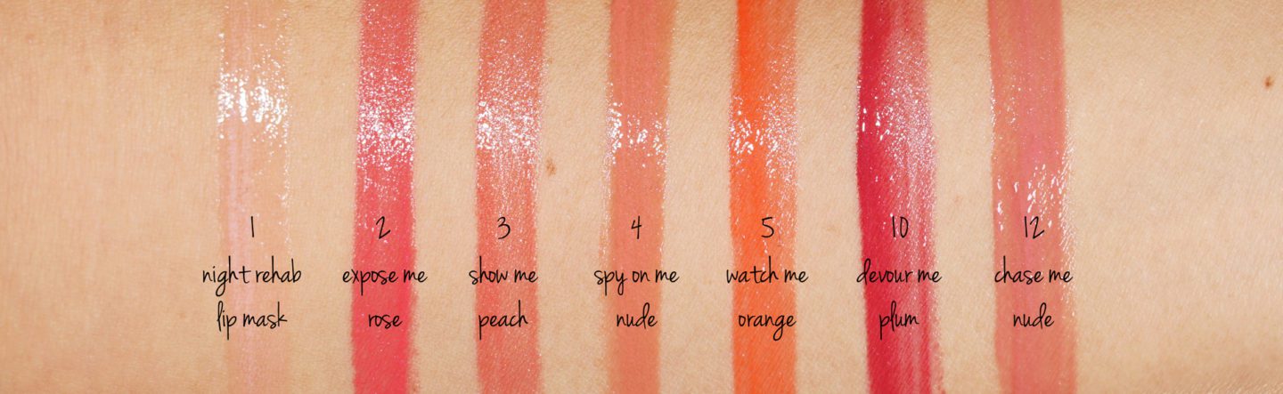 YSL Volupte Liquid Colour Balms Review and Swatches of Night Rehab 1, Expose Me Rose 2, Show Me Peach 3, Spy On Me Nude 4, Watch Me Orange 5, Devour Me Plum 10 and Chase Me Nude 12