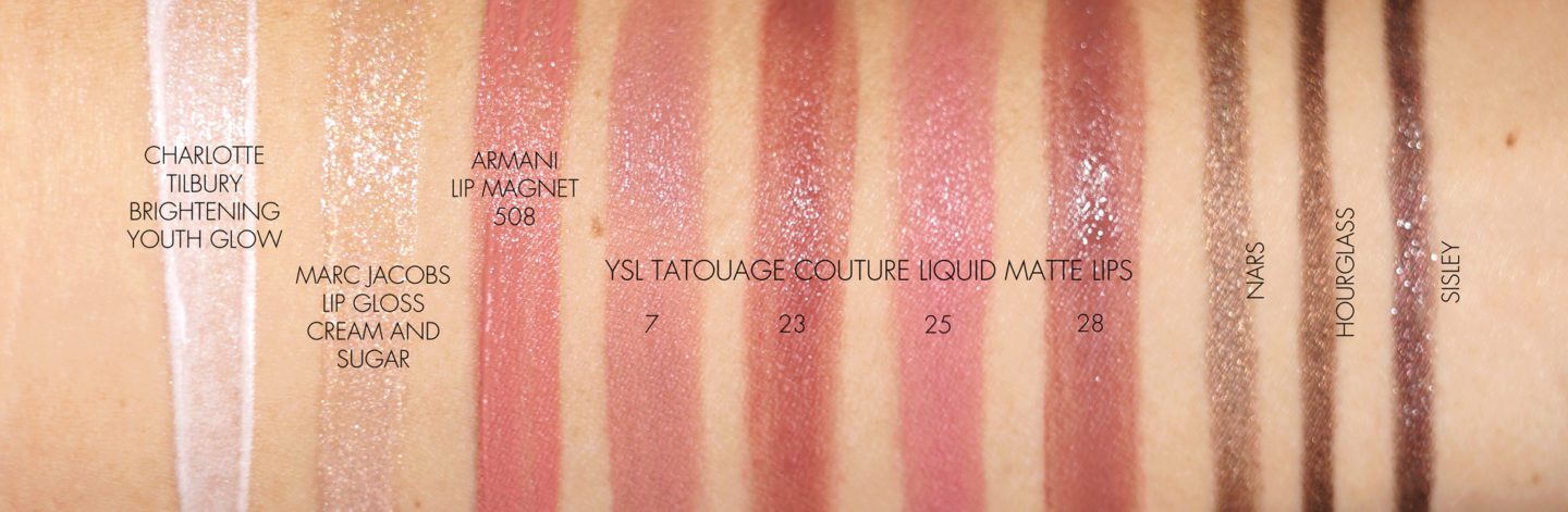 Charlotte Tilbury Brightening Youth Glow, Marc Jacobs Cream and Sugar, Armani Lip Magnet 508, NARS Kohliner Altiplano, Hourglass 1.5MM Bronze Eyeliner, Sisley Phyto-Khol Star Waterproof Brown