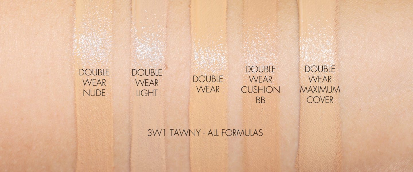 Estee Lauder Double Wear Foundation, Double Wear Nude + Light + Cushion BB + Maximum Coverage 3W1 Tawny swatches | Fashion Groom Spot