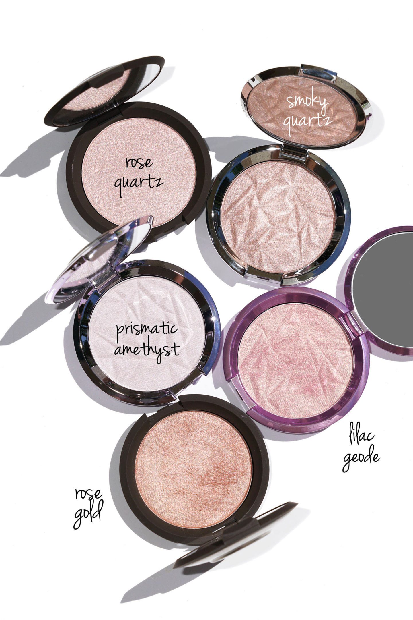 Becca Shimmering Skin Perfector Pressed Highlighter Rose Quartz, Smoky Quartz, Prismatic Amethyst, Rose Gold and Lilac Geode