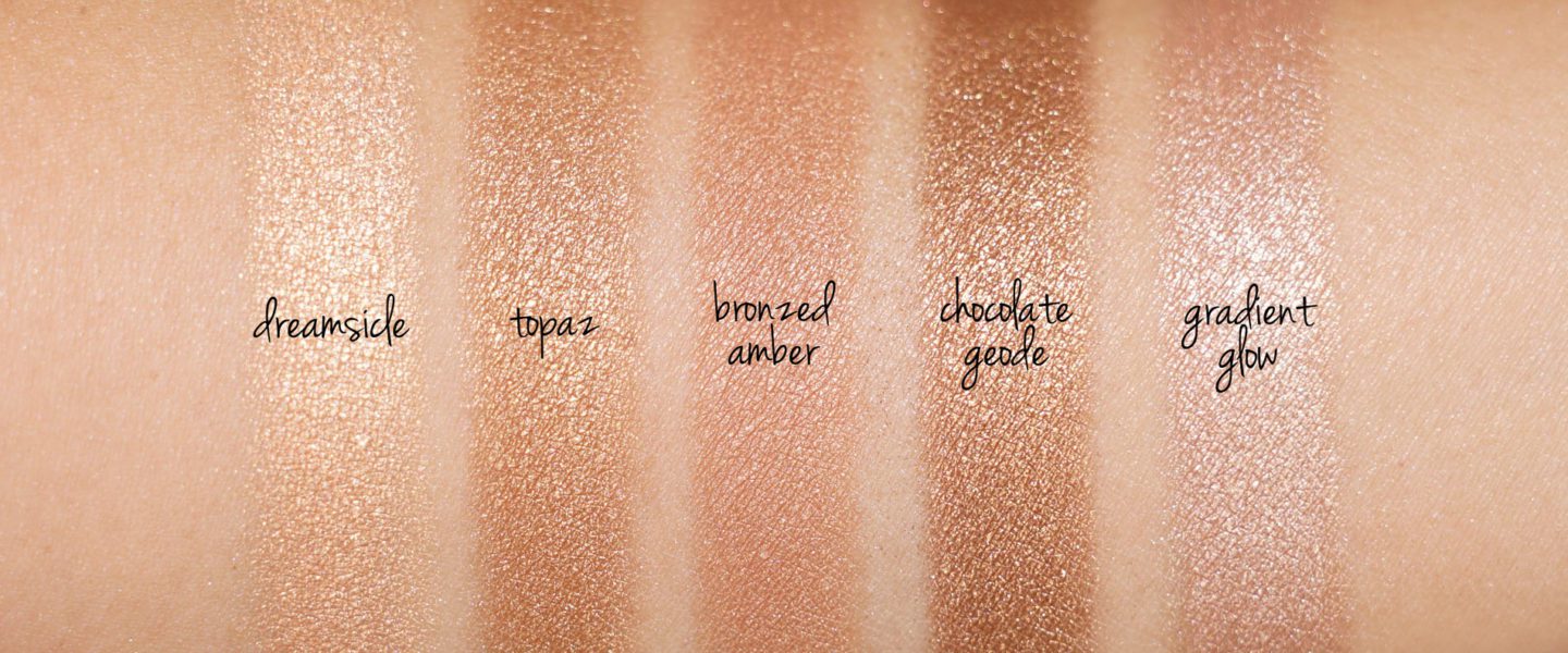 Becca Shimmering Skin Perfector Pressed Topaz, Dreamsicle, Bronzed Amber, Chocolate Geode and Gradient Glow swatches