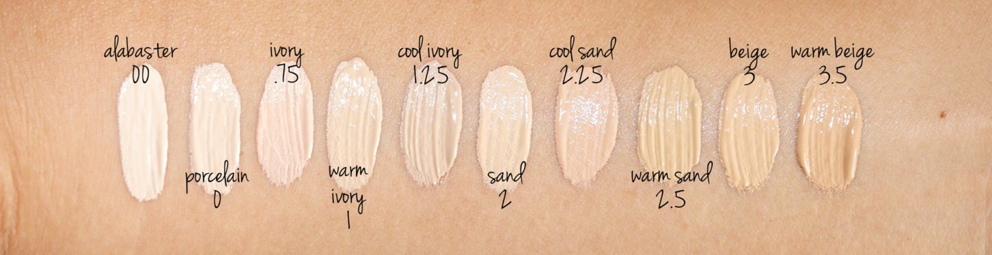 Bobbi Brown Skin Long-Wear Foundation Swatches Alabaster, Porcelain, Ivory, Warm Ivory, Cool Ivory, Sand, Cool Sand, Warm Sand, Beige and Warm Beige