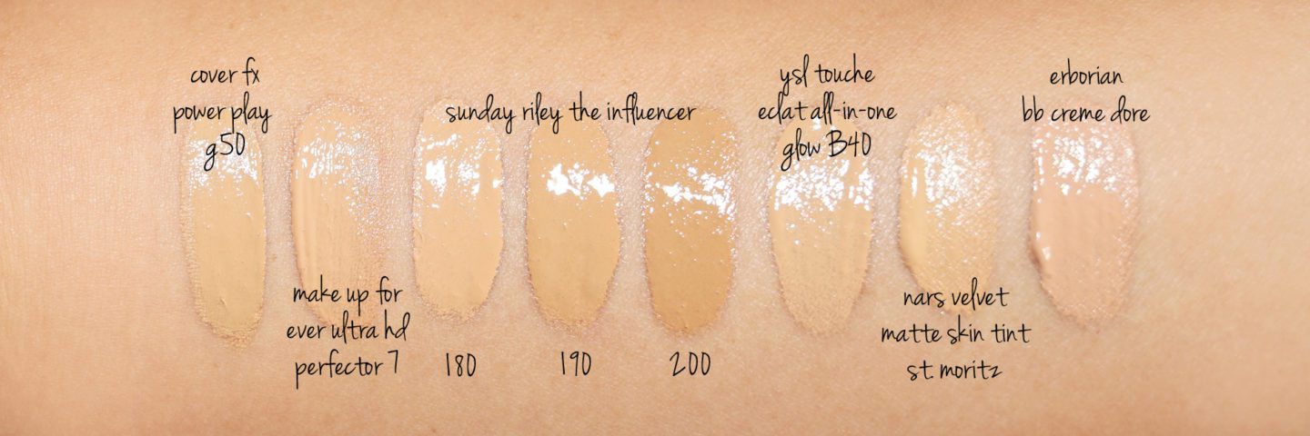 Foundation Swatches Cover FX Power Play G50, Make Up For Ever Ultra HD Perfector 7, Sunday Riley The Influencer Foundation 180, 190, 200, NARS Velvet Matte Skin Tint, YSL All-In-One-Glow