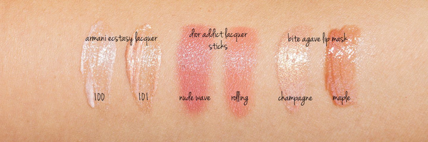 Haul Armani Ecstasy Lacquer 100, 101, Dior Addict Lacquer Stick New Wave, Bite Beauty Agave Lip Mask Champagne and Maple swatches