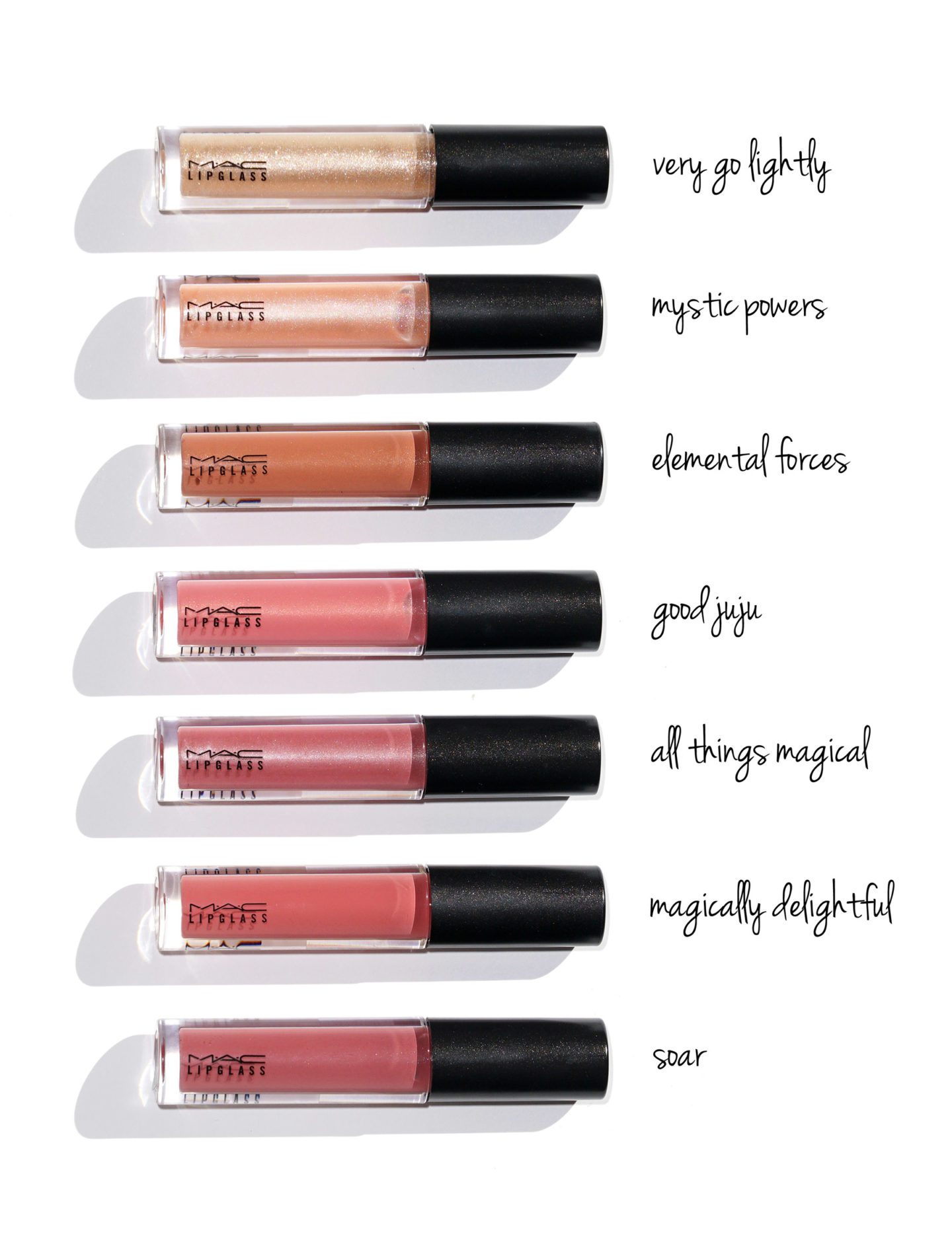 MAC Lipglass Very Go Lightly, Mystic Powers, Elemental Forces, Good Juju, All Things Magical, Magically Delightful, Soar