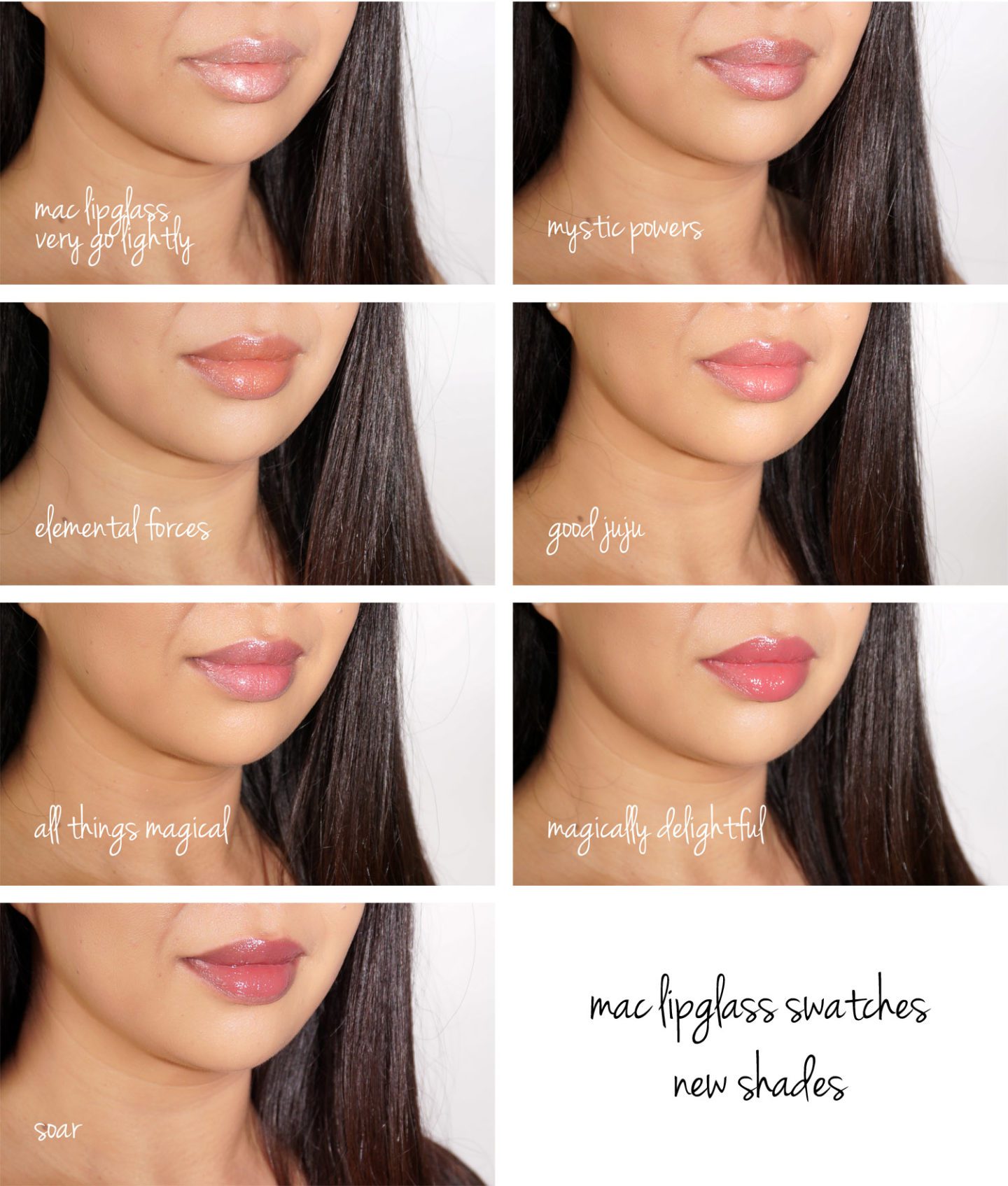 MAC Lipglass Swatches Very Go Lightly, Mystic Powers, Elemental Forces, Good Juju, All Things Magical, Magically Delightful, Soar