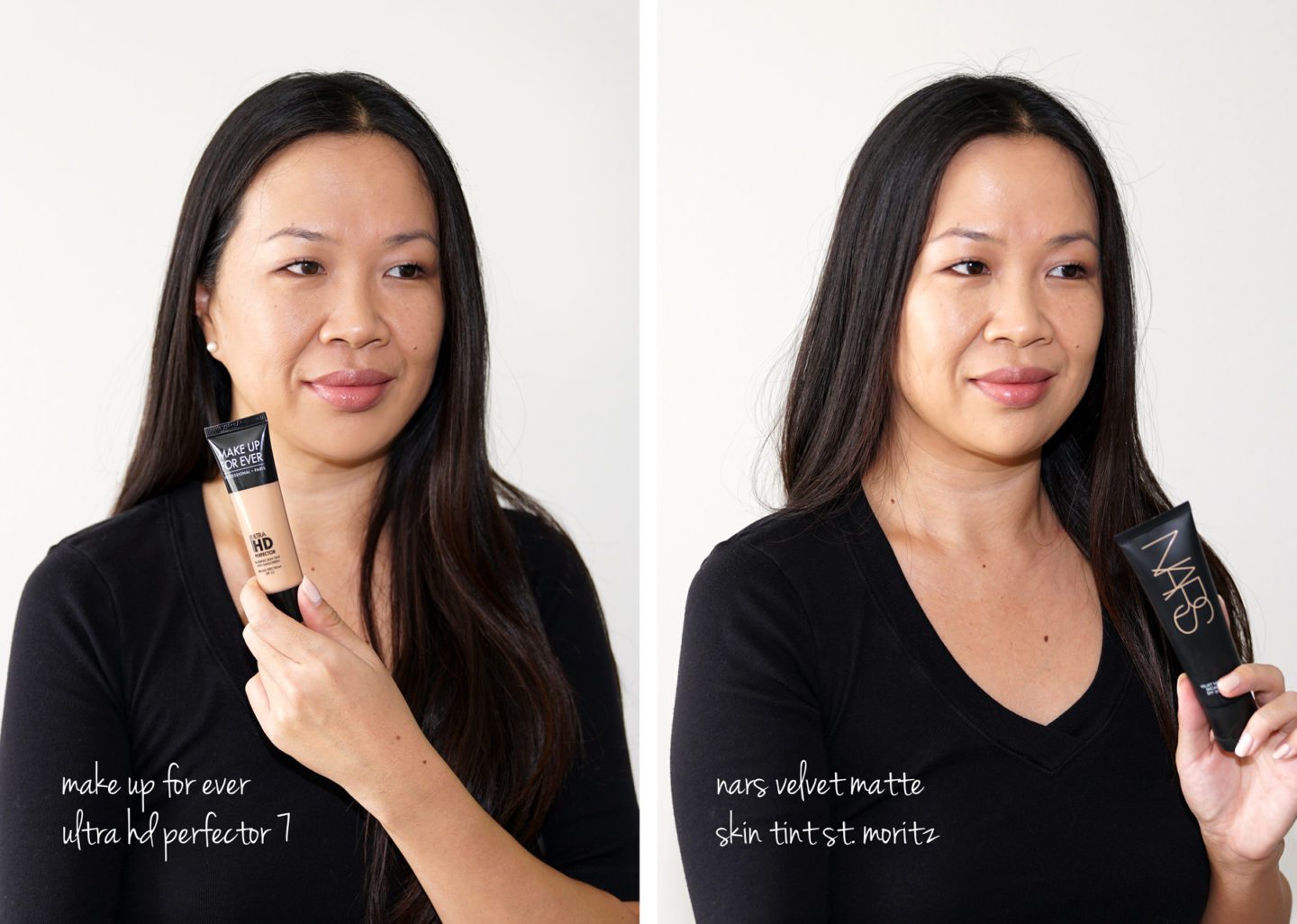 Make Up For Ever Ultra HD Perfector Shade 7 and NARS Velvet Matte Skin Tint St. Moritz swatches