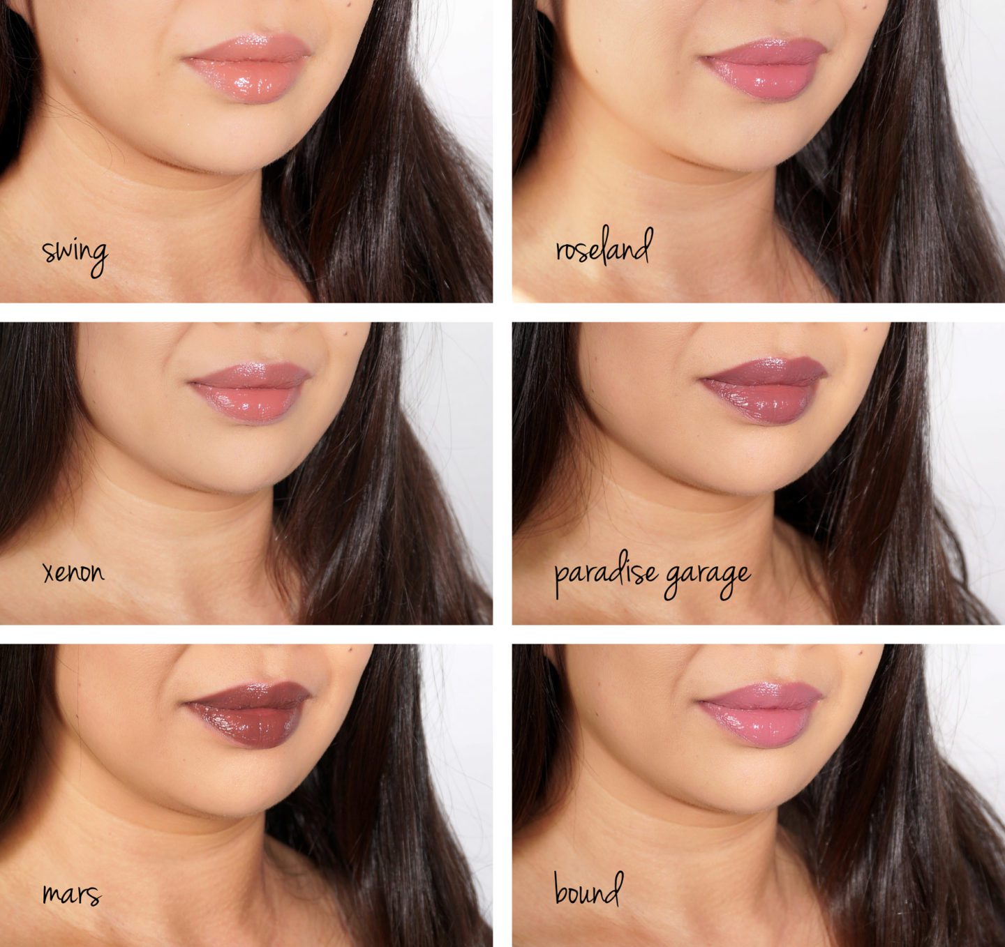 NARS Velvet Lip Glide New Shades Swing, Roseland, Xenon, Paradise Garage and Mars lip swatches via Fashion Groom Spot