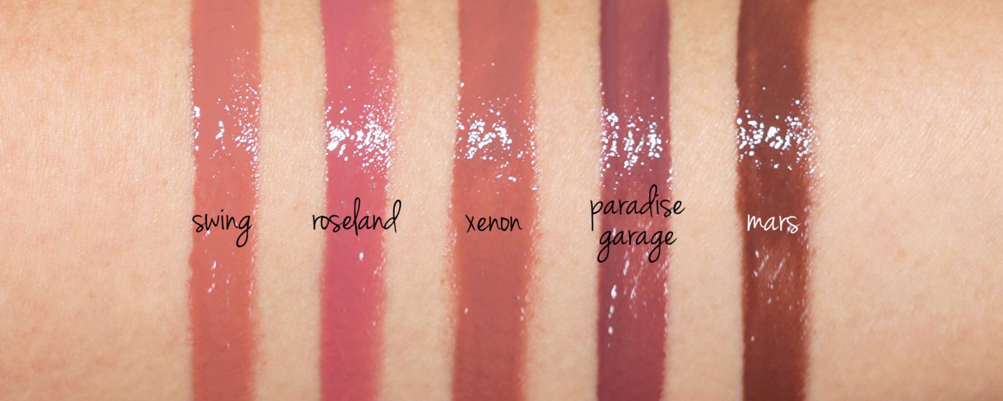 NARS Velvet Lip Glide New Shades Swing, Roseland, Xenon, Paradise Garage and Mars swatches via Fashion Groom Spot