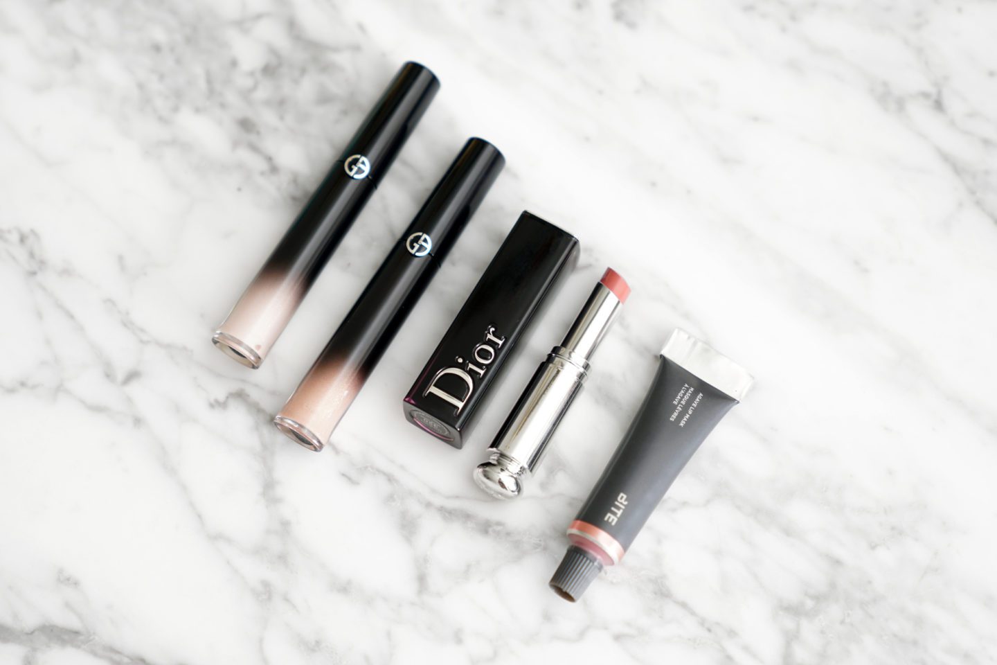 Haul Armani Ecstasy Lacquer 100, 101, Dior Addict Lacquer Stick New Wave, Bite Beauty Agave Lip Mask Champagne 