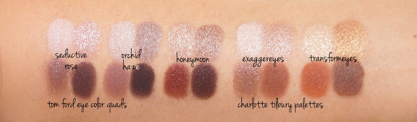 Tom Ford Eyeshadow Quad Orchid Haze, Seductive Rose, Honeymoon, Charlotte Tilbury Exaggereyes and Transformeyes swatches