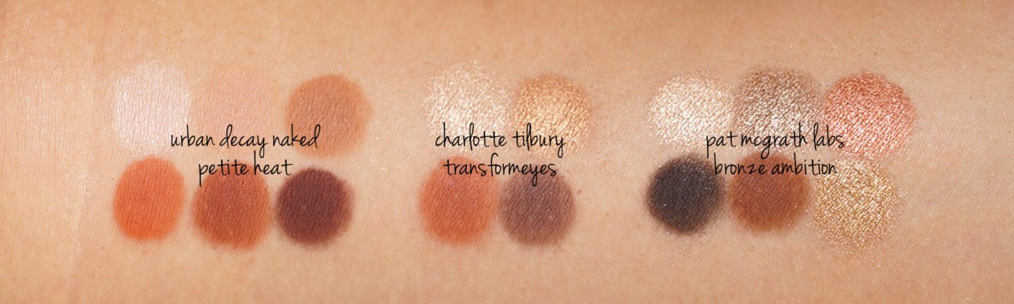 Urban Decay Naked Petite Heat, Charlotte Tilbury Transformeyes, Pat McGrath Labs Bronze Ambition swatches