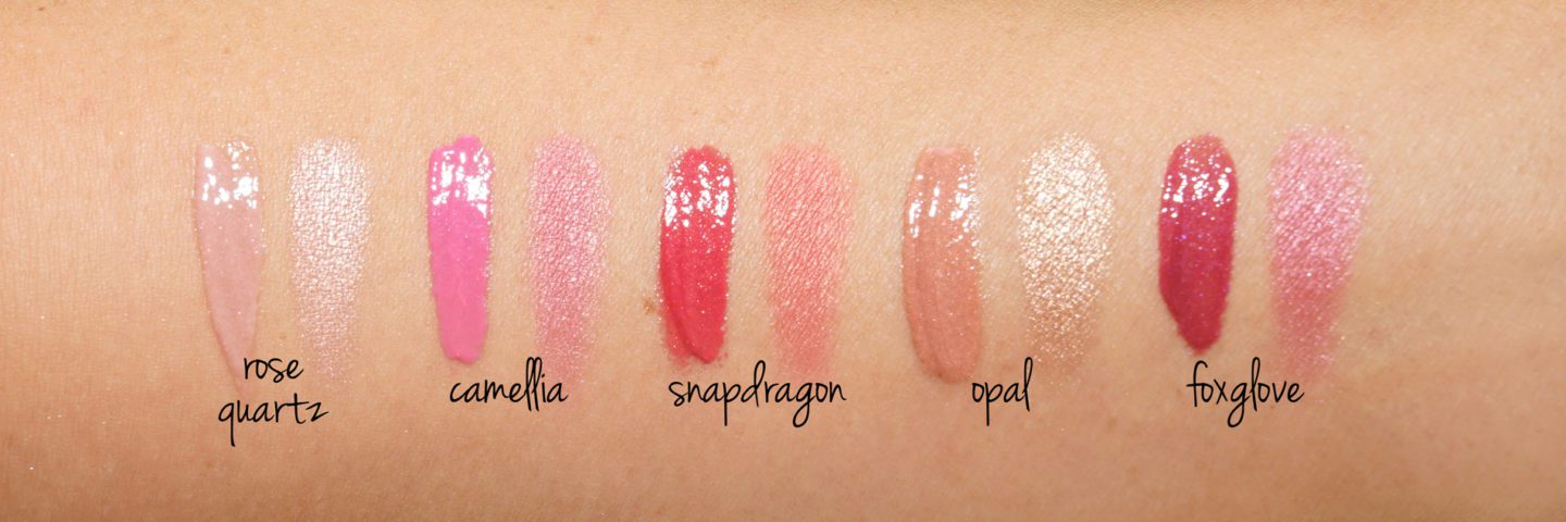 Becca Glow Lip Gloss and SSP Swatches Rose Quartz, Camellia, Snapdragon, Opal and Foxglove