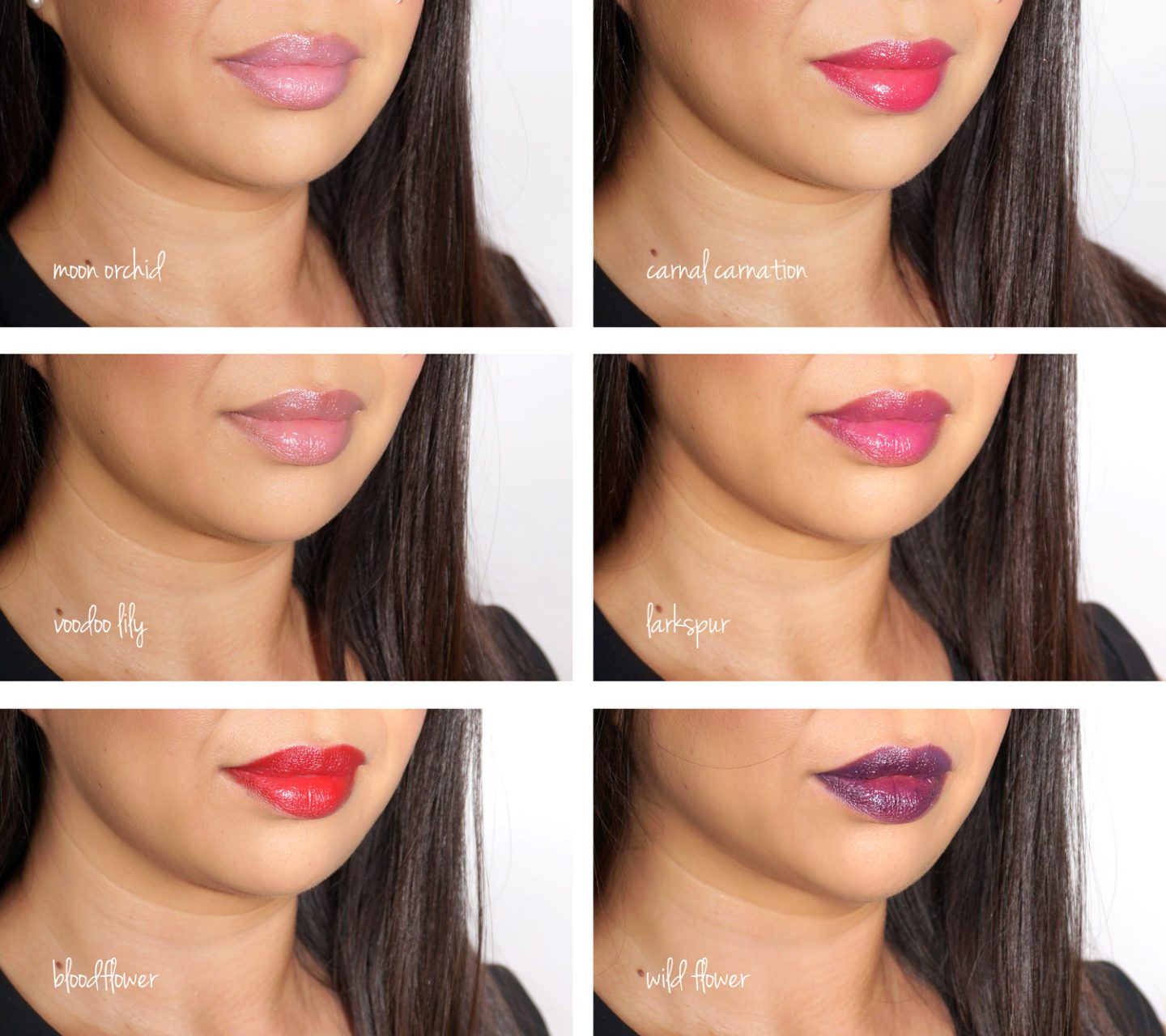 NARS x Erdem Strange Flower Lipsticks Moon Flower, Carnal Carnation, Voodoo Lily, Larkspur, Wild Flower and Bloodflower swatches