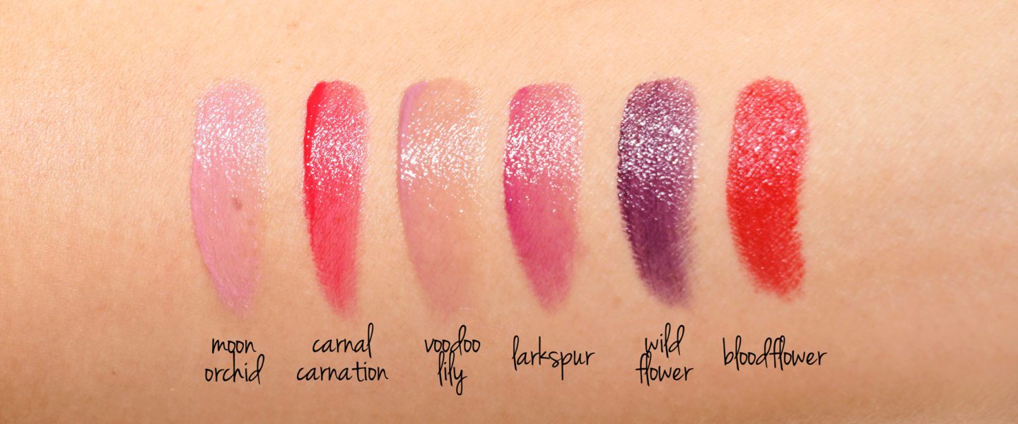 NARS x Erdem Strange Flower Lipsticks Moon Flower, Carnal Carnation, Voodoo Lily, Larkspur, Wild Flower and Bloodflower swatches