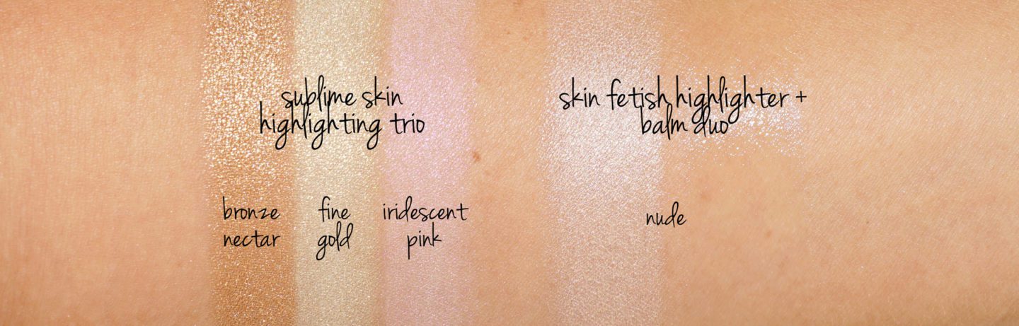 Pat McGrath Labs Skin Fetish Sublime Highlighting Trio swatches and Skin Fetish Highlighter Balm Duo in Nude | Fashion Groom Spot