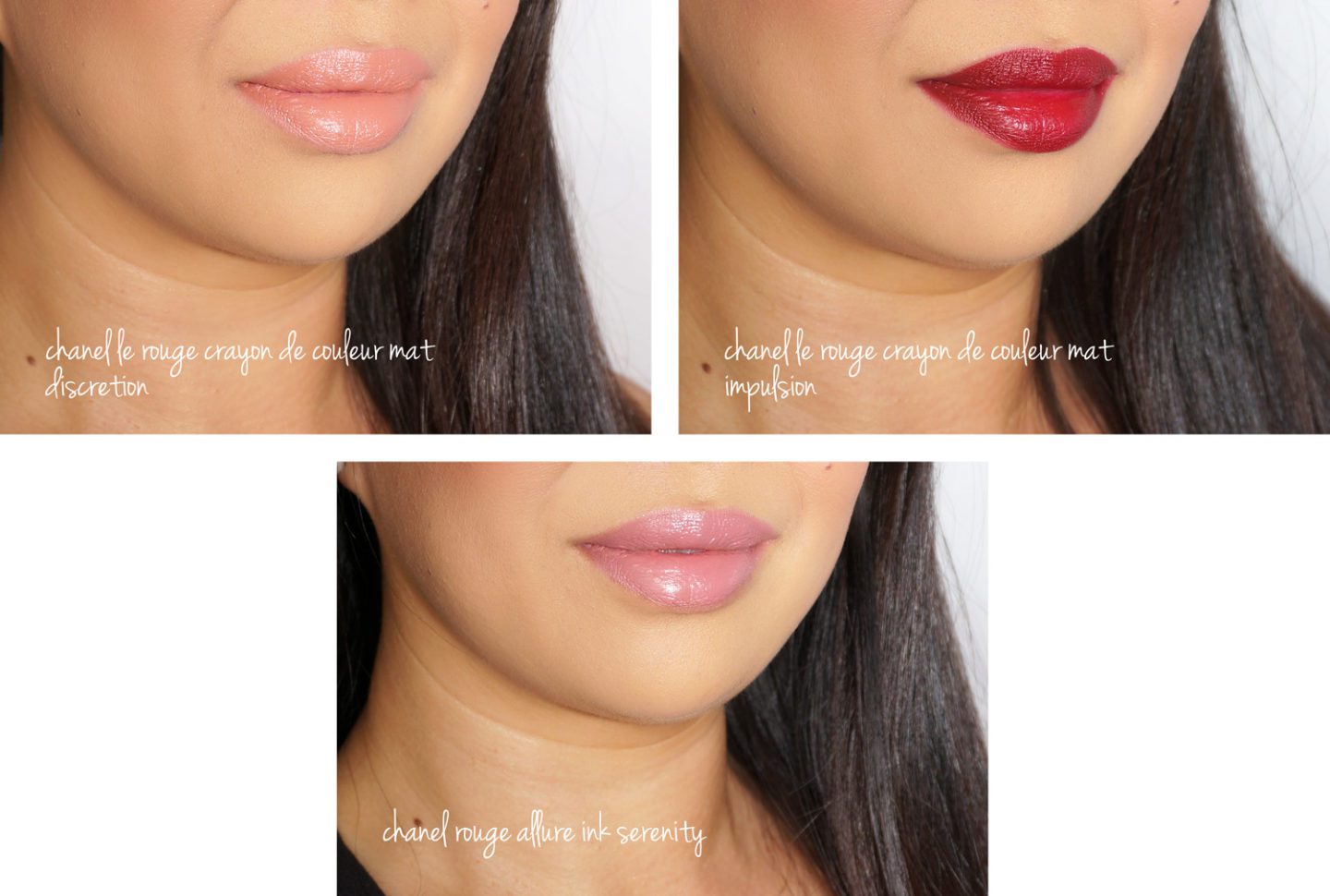 Chanel Jumbo Longwear Matte Lip Crayon in Discretion and Impulsion, Rouge Allure Ink in Serenity swatches | Fashion Groom Spot