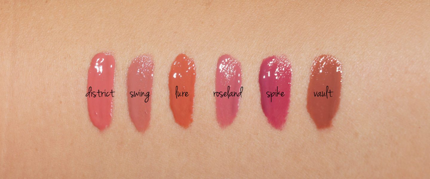 NARS Velvet Lip Glide swatches District, Swing, Lure, Roseland, Spike, Vault