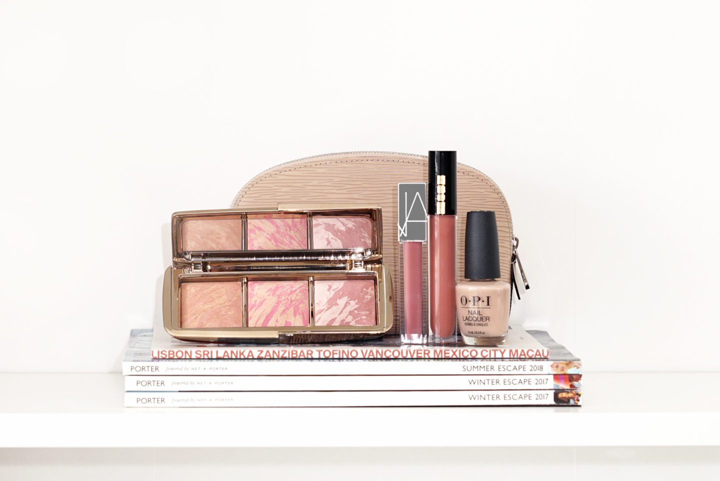 Hourglass Ambient Lighting Blush Palette, NARS Santo Domingo, Pat McGrath Flesh Fantasy and OPI Samoan Sand Favorites