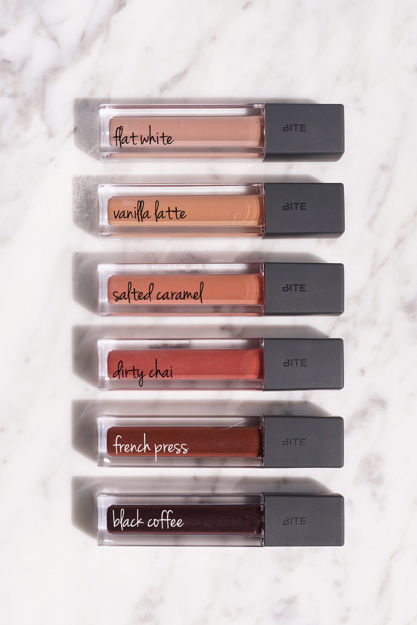 Bite Beauty Flat White, Vanilla Latte, Salted Caramel, Dirty Chai, French Press and Black Coffee