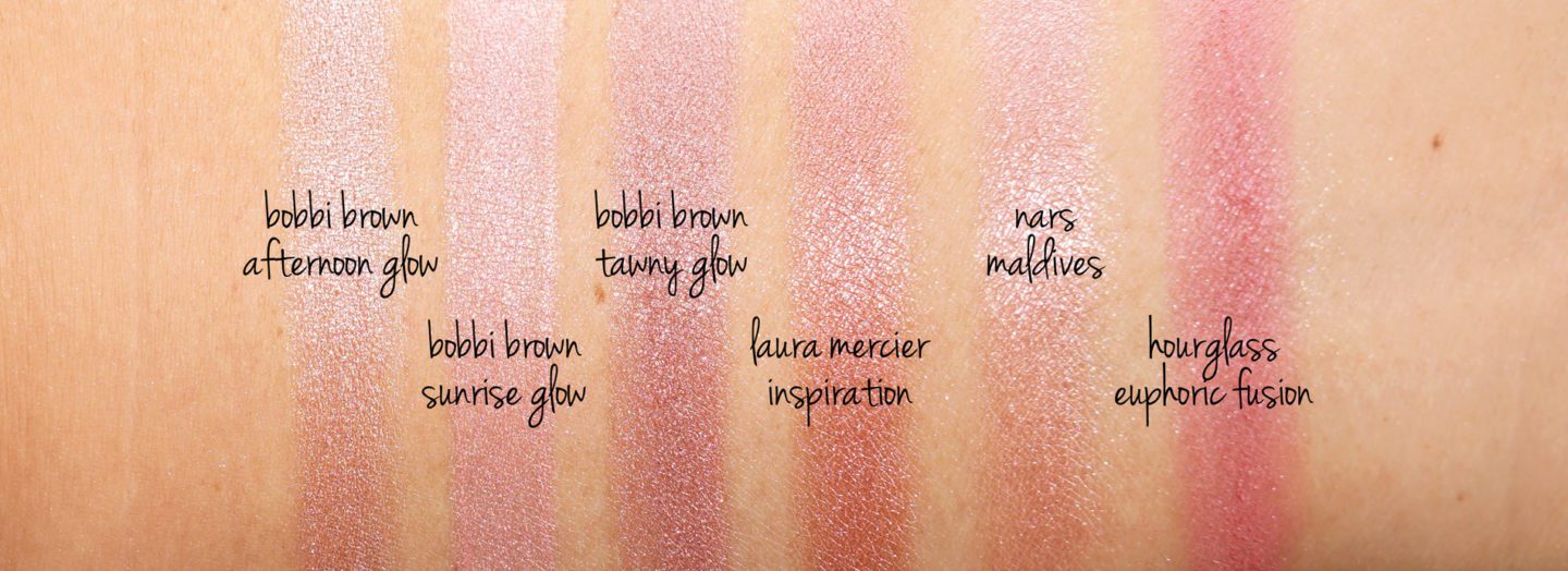Bobbi Brown Highlighting Powder vs Laura Mercier Inspiration vs NARS Maldives swatches