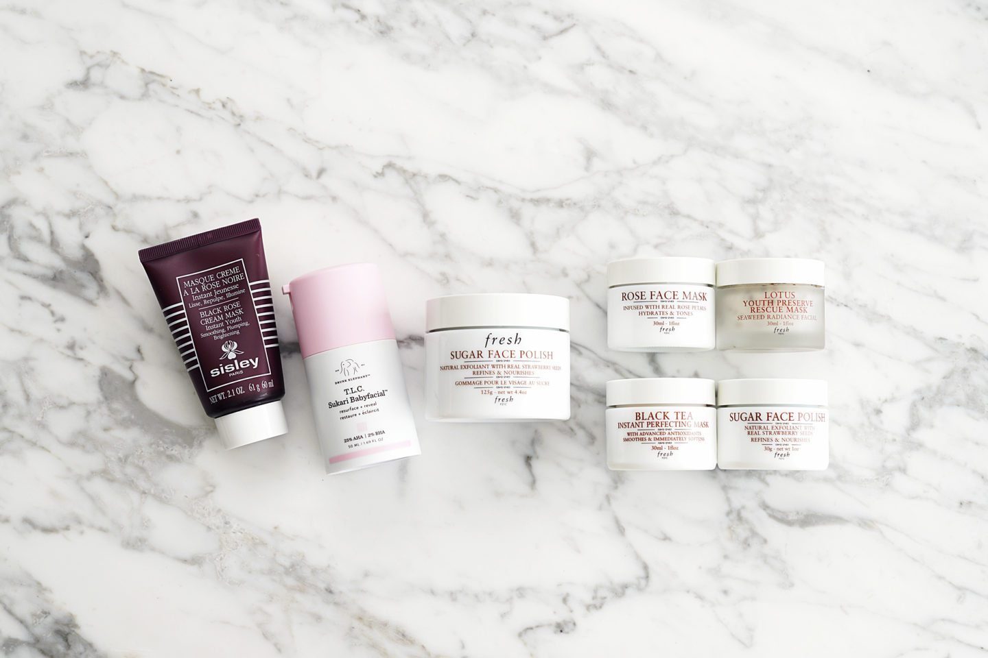 Sisley Black Rose Face Mask, Drunk Elephant Baby Facial, Fresh Sugar Face Polish + Mask Set