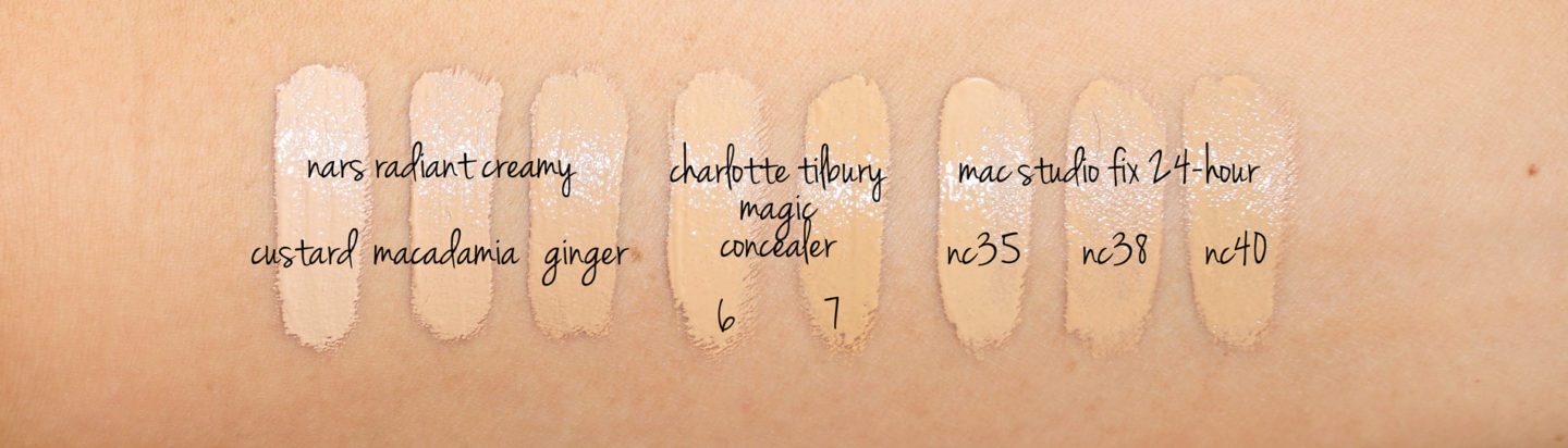 Concealer Swatches NARS Radiant Creamy Concealer, Charlotte Tilbury Magic Away, MAC Studio Fix 24 hour wear