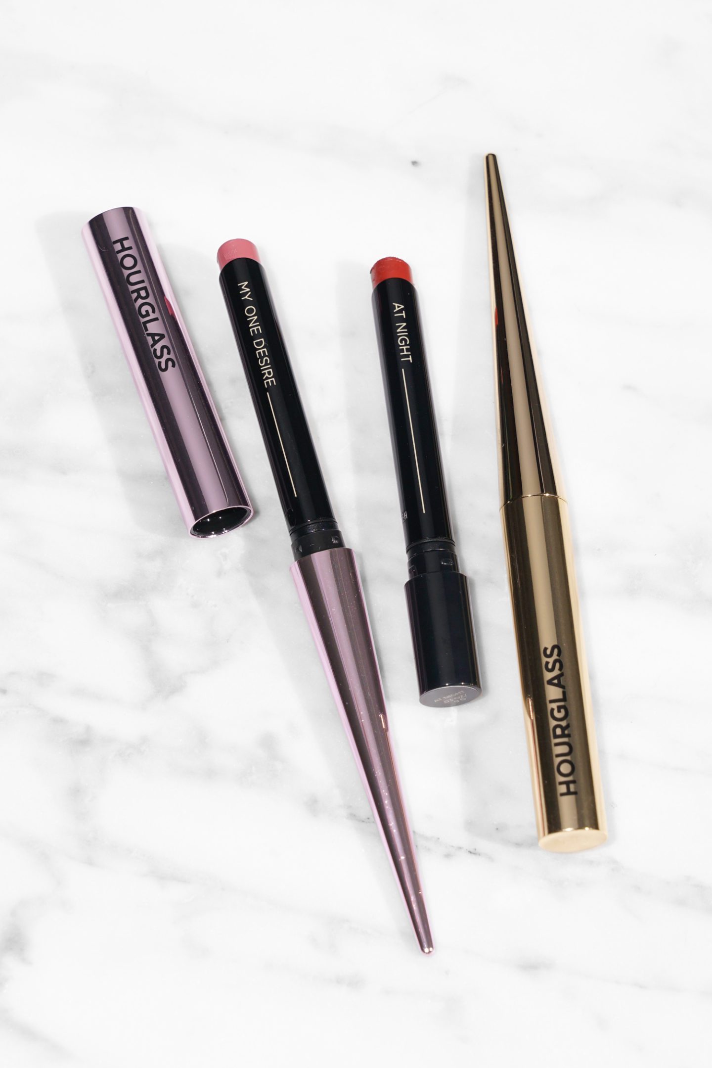 Hourglass Confession Lipstick Duo My One Desire and At Night vs Gold Packaging