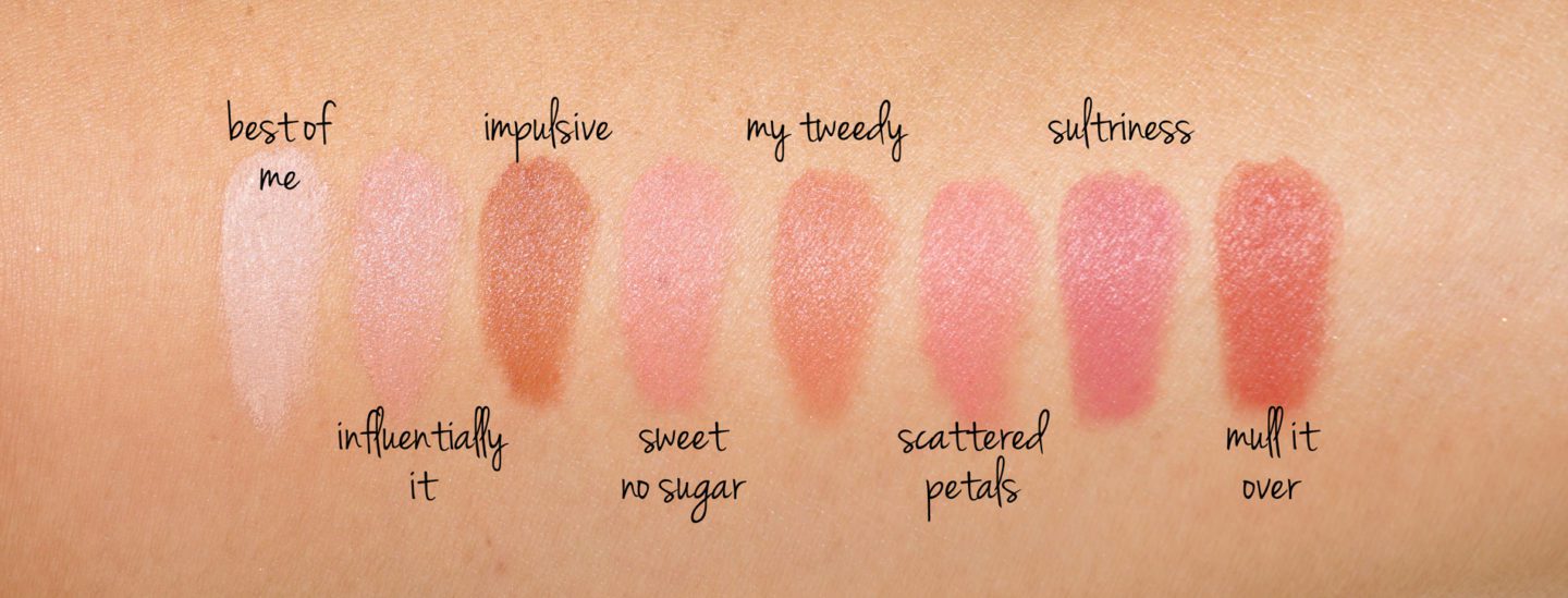 MAC Powder Kiss Best of Me, Influentially It, Impulsive, Sweet No Sugar, My Tweedy, Scattered Petals, Sultriness and Mull it Over swatches